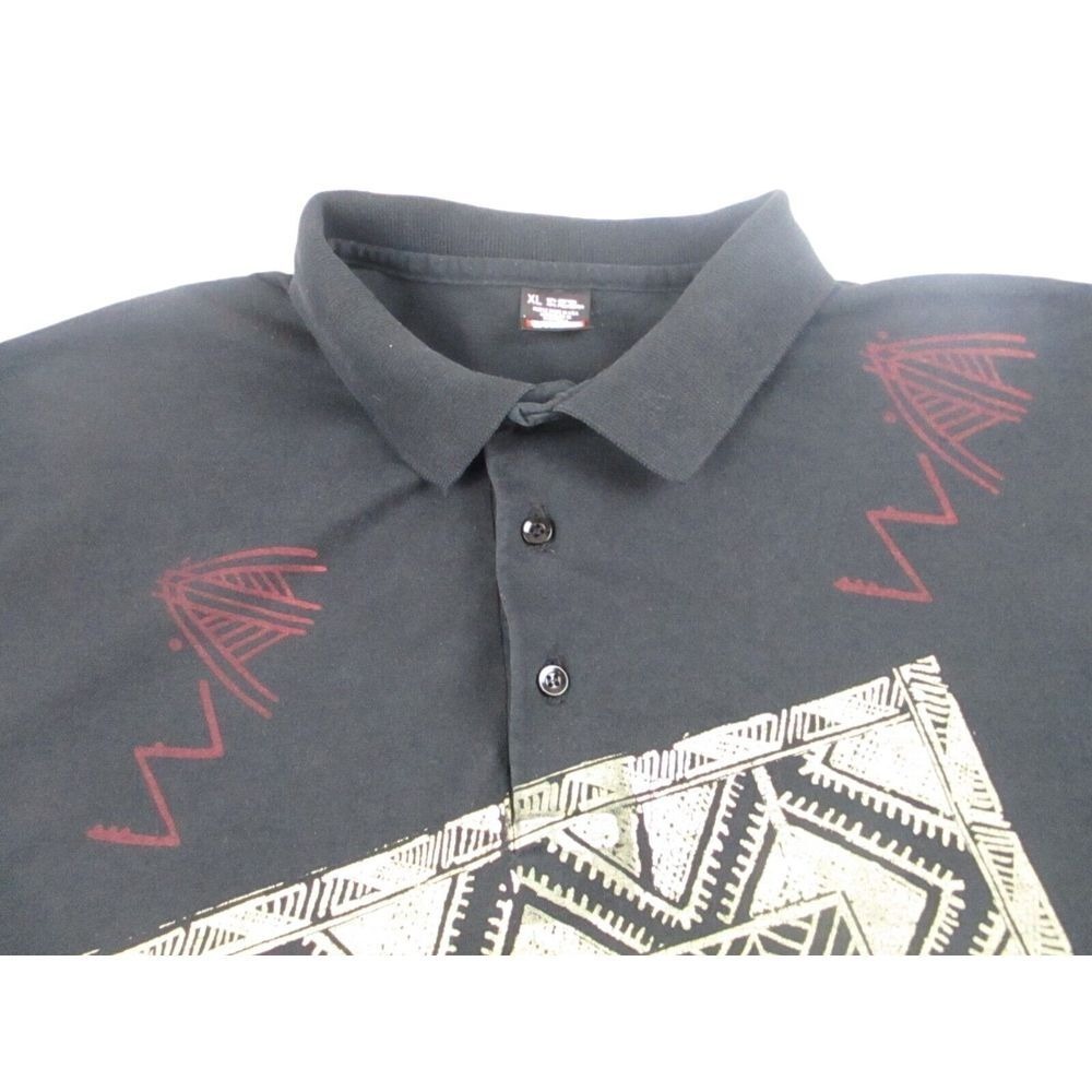 VTG‎ Screen Stars Polo Shirt Mens XL Black Tribal Art Print Short Sleeves Casual - Picture 3 of 9